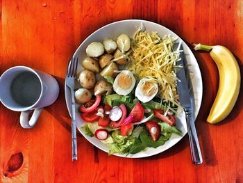 High angle view of food in plate on table