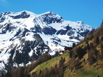 Scenic view of snowcapped mountains against clear sky