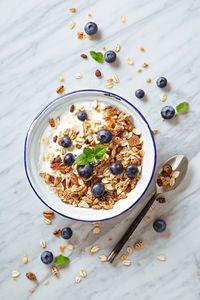 High angle view of breakfast on table