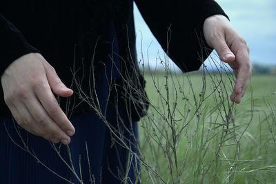 Midsection of man touching dead plant on field