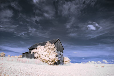 Traditional windmill on snowy field against sky