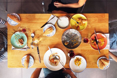 High angle view of breakfast on table