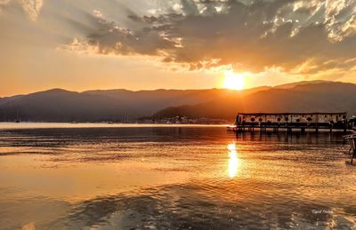 Scenic view of lake against sky during sunset