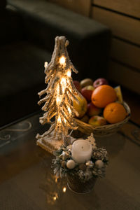 High angle view of fruits in basket on table