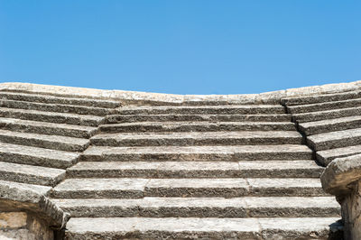 Low angle view of staircase against clear blue sky
