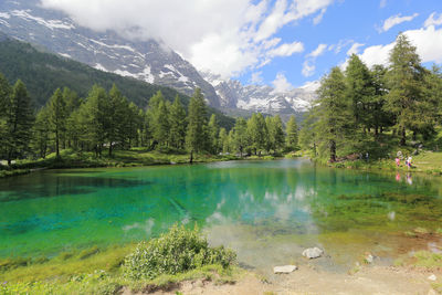 Scenic view of lake by trees against sky