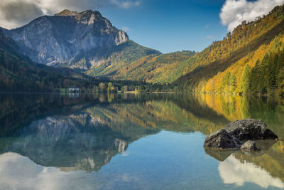 Reflection of mountain range in calm lake
