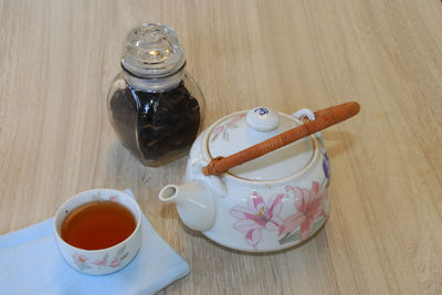 High angle view of tea cup on table