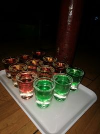 High angle view of wine glasses on table