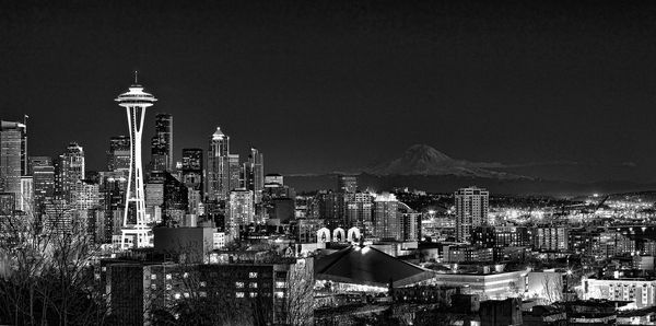 View of city lit up at night