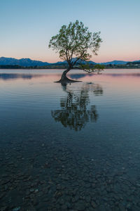 Scenic view of lake against sky at sunset