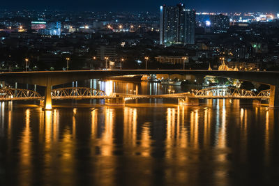 View of city lit up at night