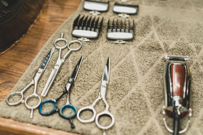 High angle view of various objects on table