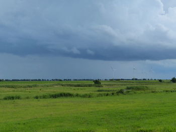 Low angle view of green landscape against sky