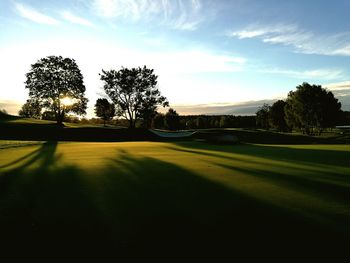 Sunlight falling on golf course during sunrise