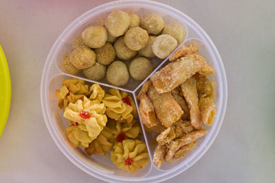 High angle view of food in bowl on table