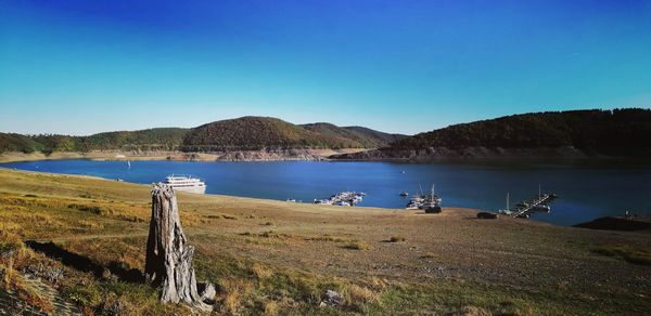 Scenic view of lake against clear blue sky