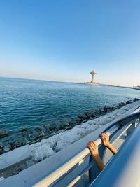 Scenic view of sea against clear blue sky