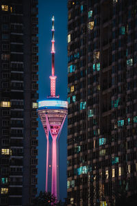 Illuminated buildings in city at night