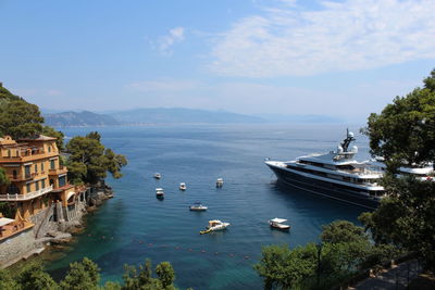 High angle view of boats in bay