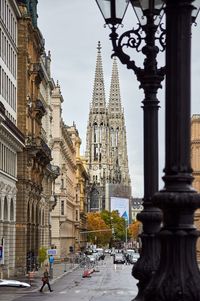 View of street with buildings in city