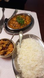 High angle view of meal served on table