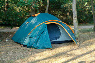 Close-up of tent on field against trees