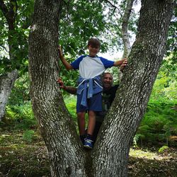 Rear view of father and son on tree trunk