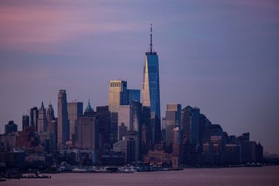 Modern buildings in city at sunset