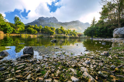 Scenic view of gorg blau reservoir by trees against sky