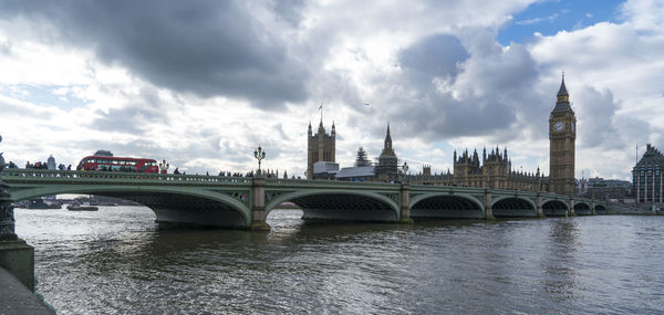 Bridge over river in city against cloudy sky