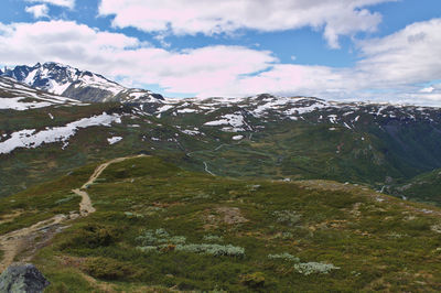 Scenic view of snowcapped mountains against sky