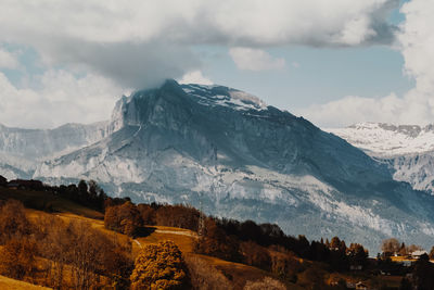 Scenic view of snowcapped mountains against sky