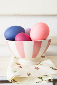 Close-up of multi colored easter eggs in bowl on table