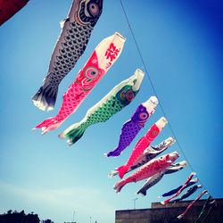 Low angle view of fish hanging against sky