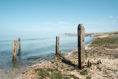 Wooden posts on beach against sky