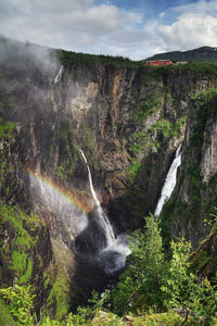 Scenic view of waterfall against sky