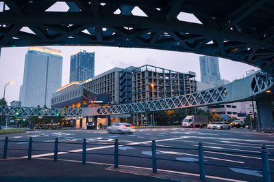 View of city street and modern buildings