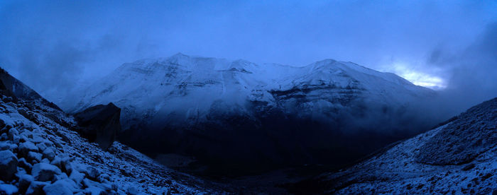 Scenic view of snowcapped mountains against sky