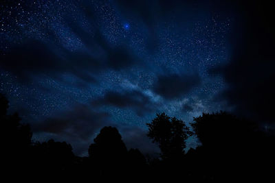 Low angle view of silhouette trees against sky at night