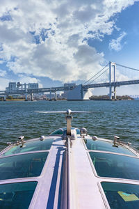 Waterbus sailing to rainbow bridge with the bay of odaiba and malls buildings in the background.