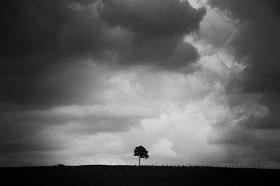 Silhouette of horse on field against storm clouds