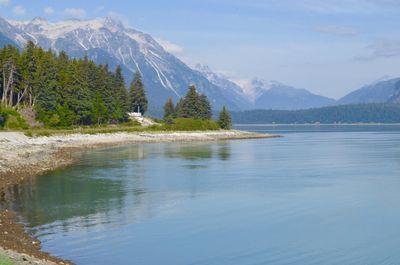 Scenic view of lake and mountains against sky