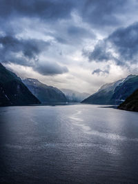 Scenic view of lake against cloudy sky