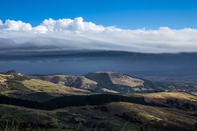 Scenic view of mountains against cloudy sky