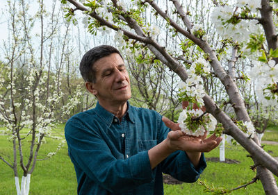 Retired caucasian man in his own orchard garden  is proudly inspecting the blooming fruit trees. 