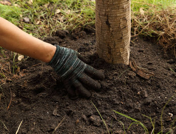 Midsection of person working in mud on field