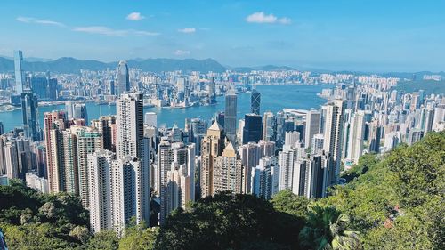 Panoramic view of modern buildings in city against sky