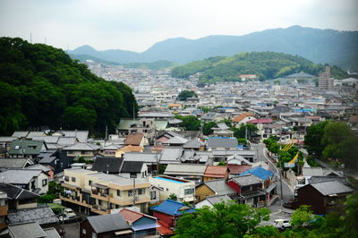 High angle view of houses in town