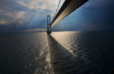 Oeresund bridge over sea against cloudy sky